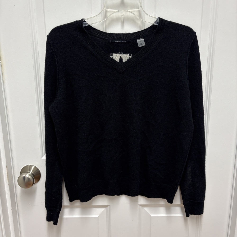 Brazeau Tricot Black Queen Of Hearts Cashmere V-neck Sweater‎  - Size 1
